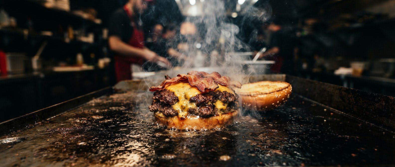 Burgers searing on the flat-top grill